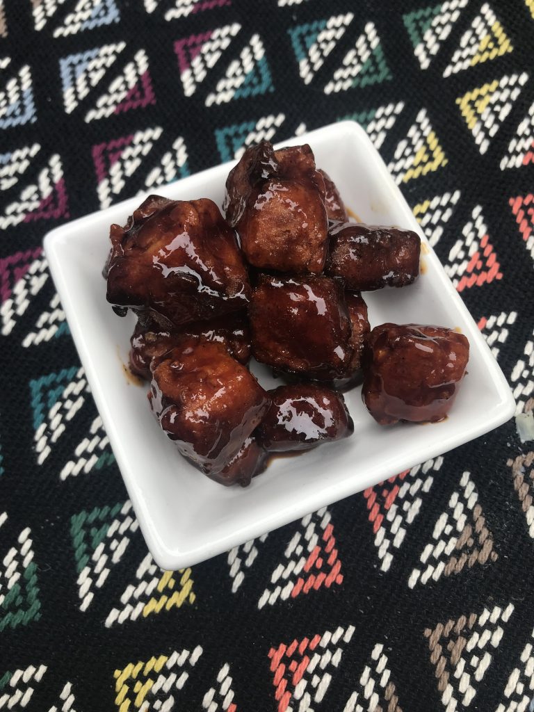 Fried tofu coated in hoisin sauce