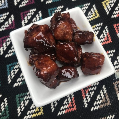 Fried tofu coated in hoisin sauce