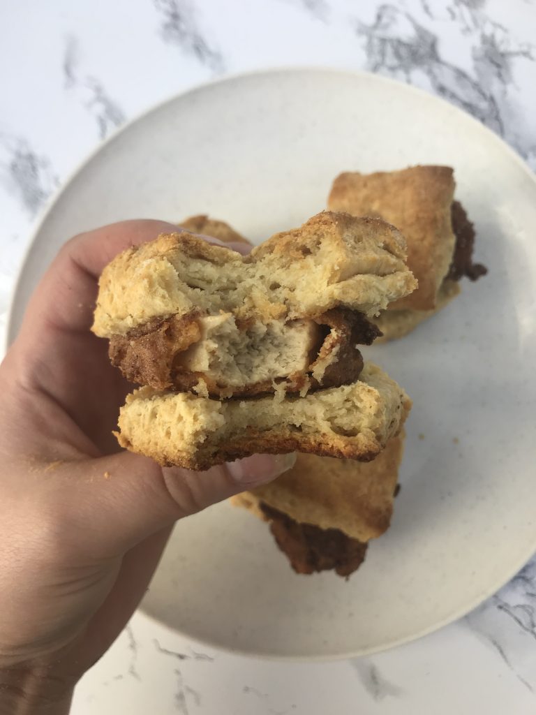 a Quorn chicken biscuit with a bite taken out