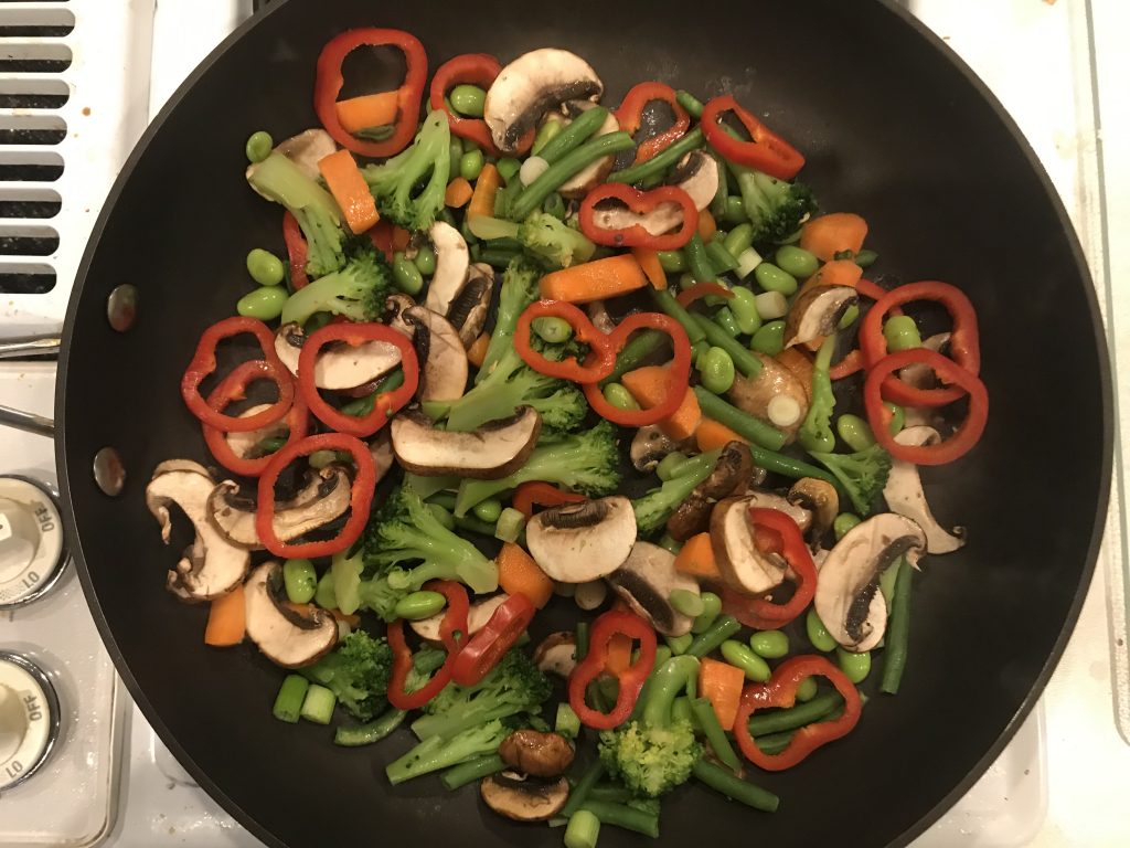 a skillet of vegetables