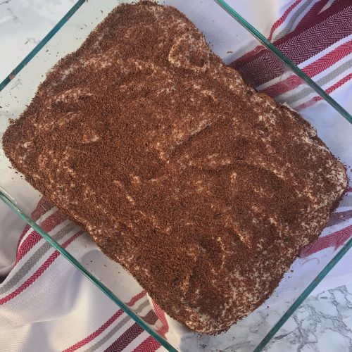 an overhead shot of chocolate dusted tiramisu