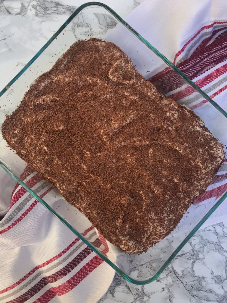 an overhead shot of chocolate dusted tiramisu