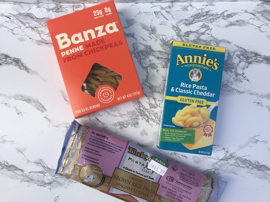 Banza pasta, Annie's mac and cheese, and Tinkyada linguini