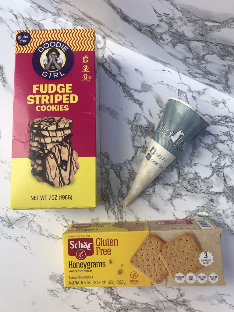 Goodie Girl fudge strip cookies, Schar graham crackers and a Jolly Llama ice cream cone