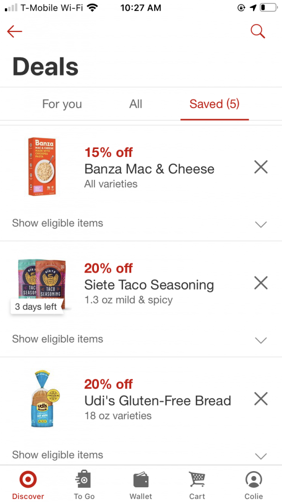 a screenshot from the Target Circle app with food savings