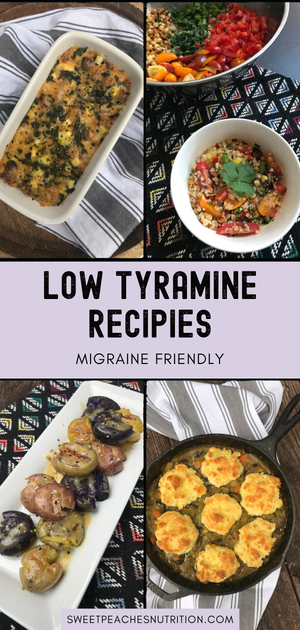 A collage of pictures from the post with text that reads migraine friendly low tyramine recipes