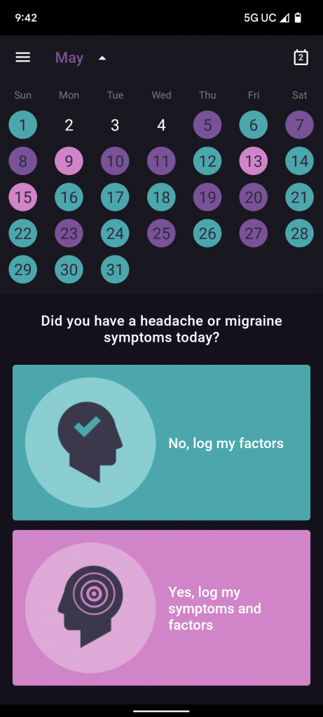 a screenshot of the headache app with the month of headache days and a place to log headaches